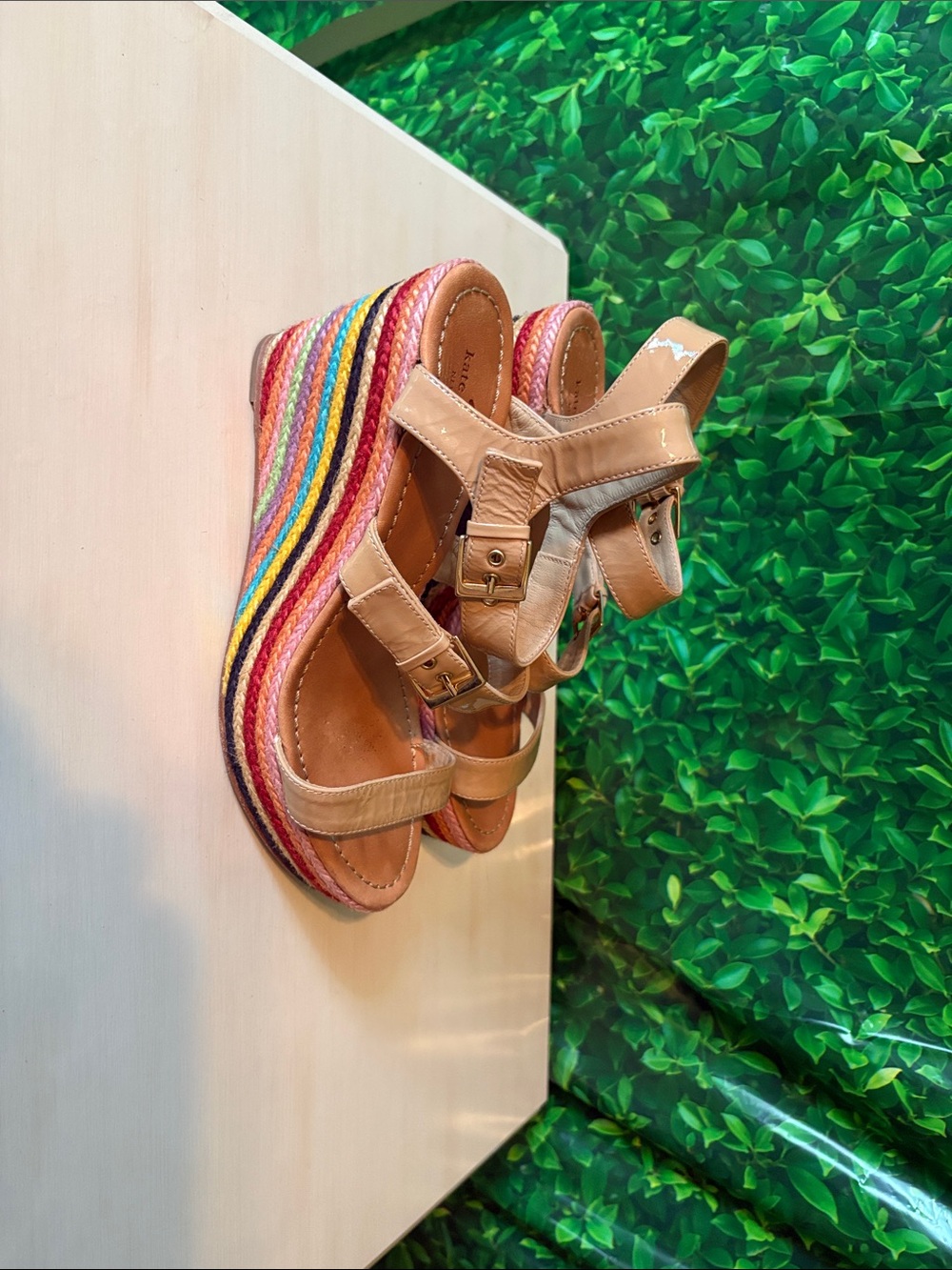 Kate Spade Beige Strappy Ladies Wedge Sandals with Rainbow Espadrille Sole